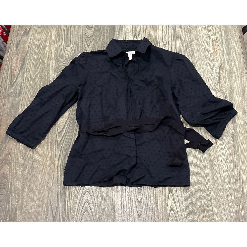 Ann Taylor LOFT 3/4 Sleeve Blouse Button-Up Belted Collared Neck Black Size 8